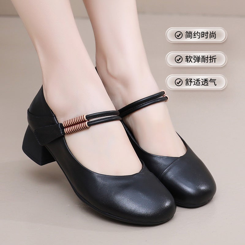 25 New Style One-Word With Four Seasons Mary Jane Comfortable Mid-Heel Round Toe Shallow Mouth Leather Top Layer Cowhide Small Size Mother Shoes - Image 4